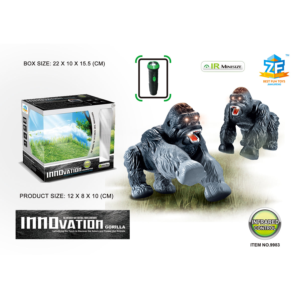 Realistic Remote Control Gorilla Toy by HugmieToys features lifelike design, LED eyes, and infrared control, perfect for Halloween fun and pranks.